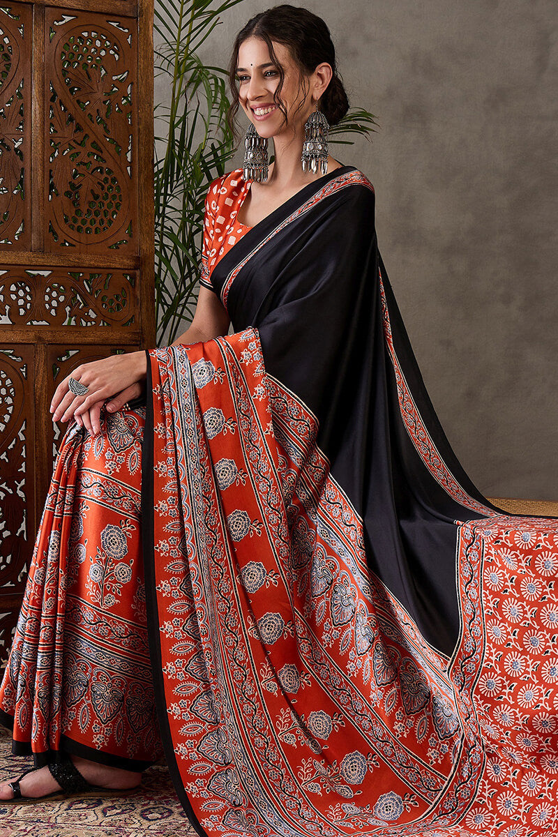 Night Black Ajrakh Printed Satin Silk Saree