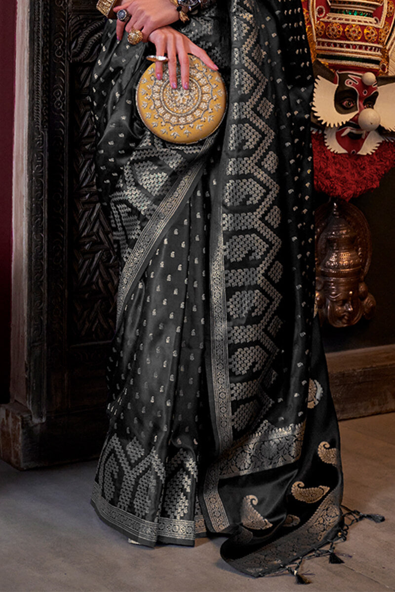 Night Black Banarasi Satin Silk Saree