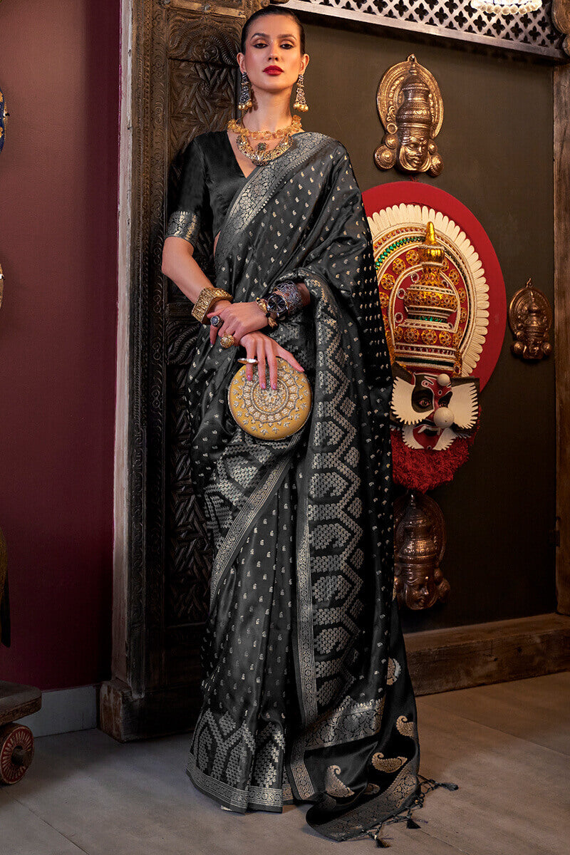 Night Black Banarasi Satin Silk Saree