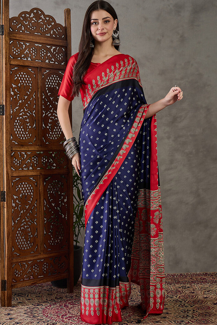 Nile Blue Ajrakh Printed Satin Silk Saree