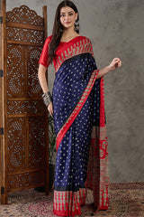 Nile Blue Ajrakh Printed Satin Silk Saree