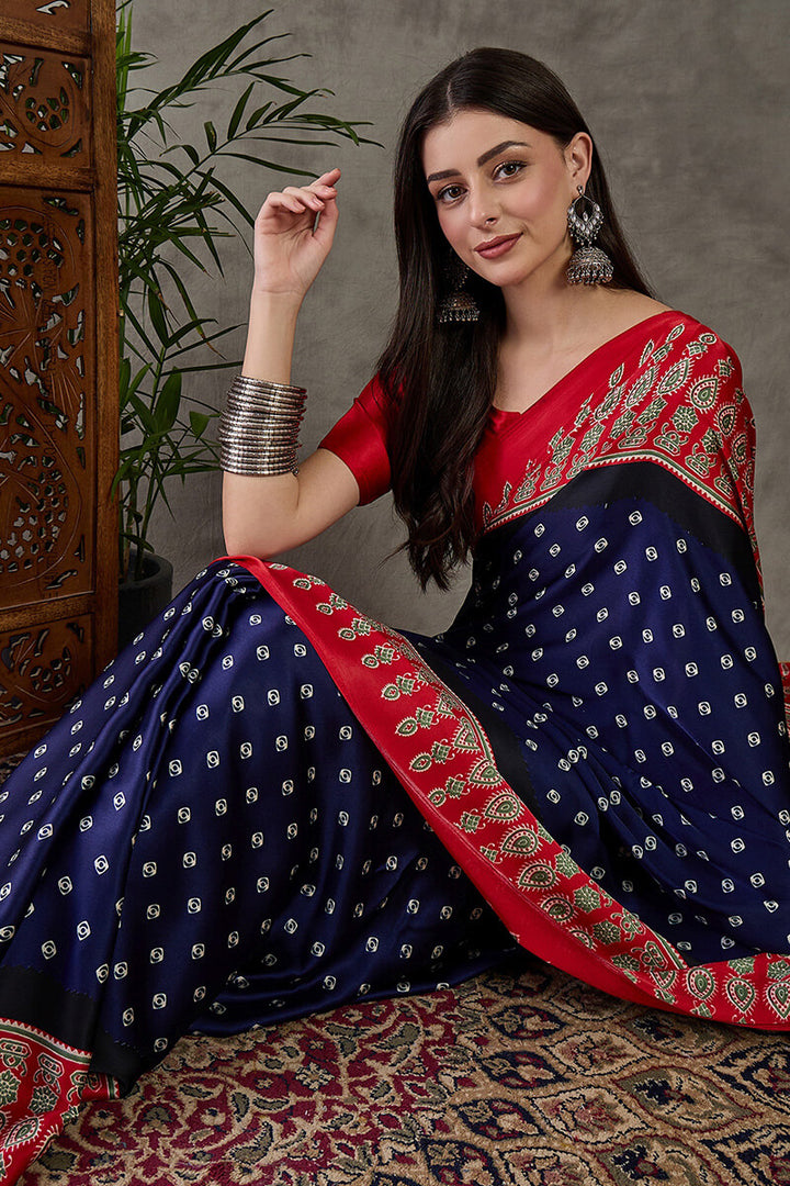 Nile Blue Ajrakh Printed Satin Silk Saree