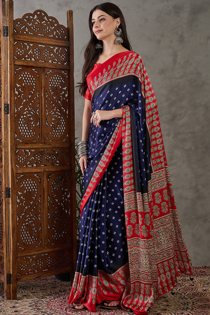 Nile Blue Ajrakh Printed Satin Silk Saree