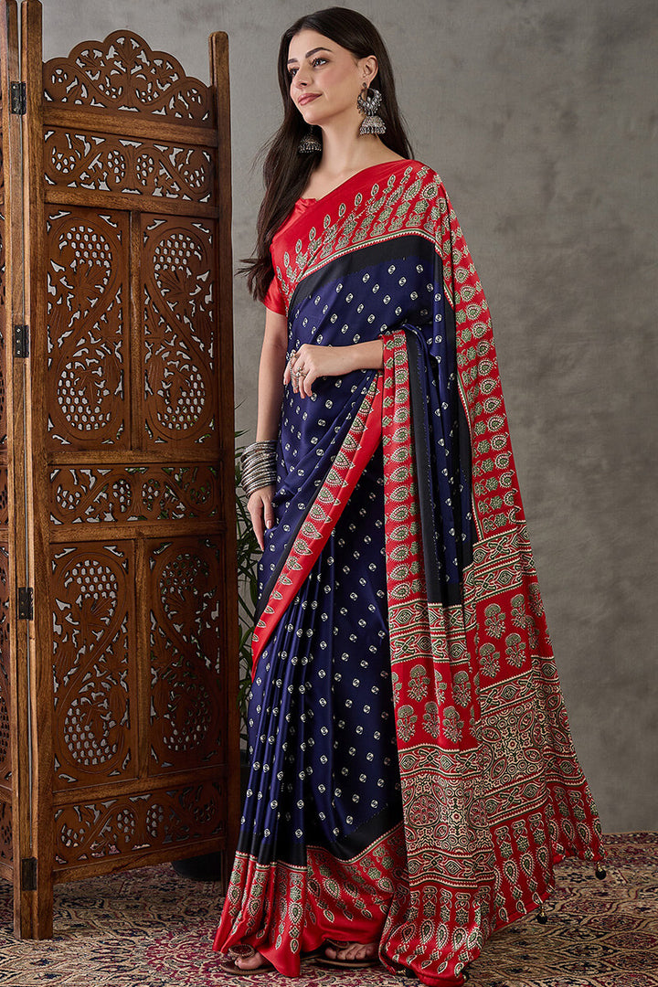 Nile Blue Ajrakh Printed Satin Silk Saree