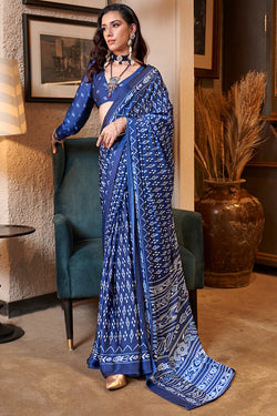 Nile Blue Patola Printed Satin Crepe Silk Saree