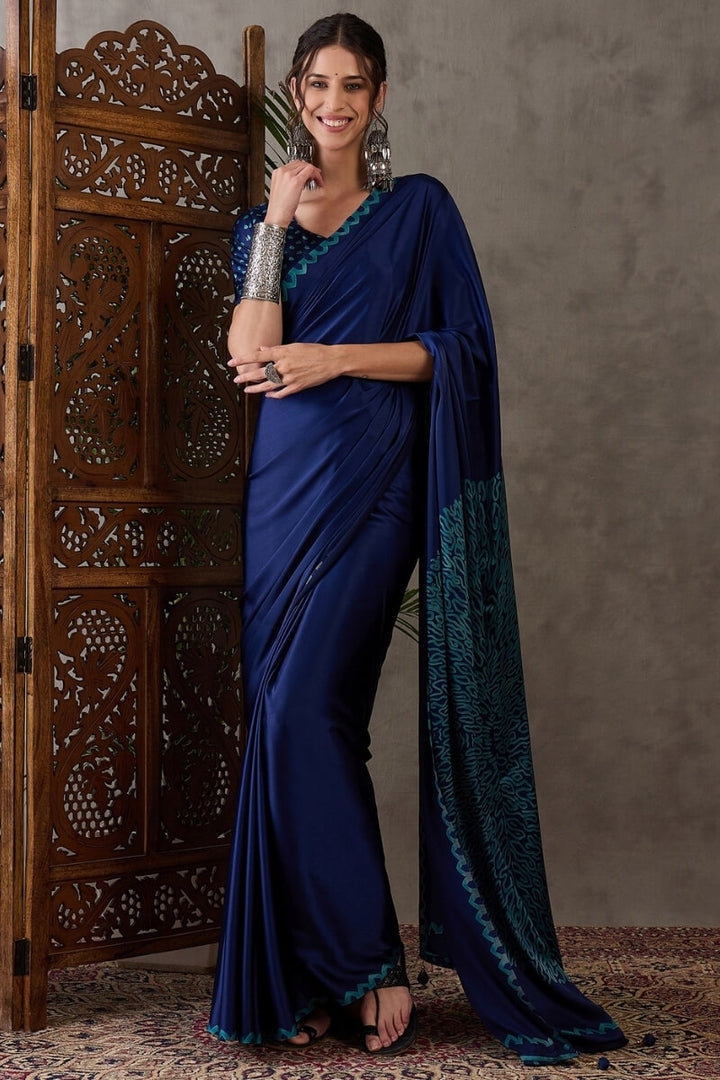 Nile Blue Printed Satin Silk Saree