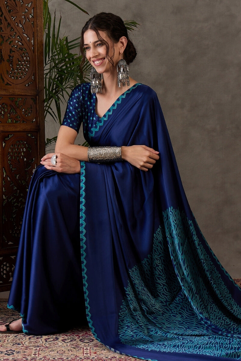 Nile Blue Printed Satin Silk Saree