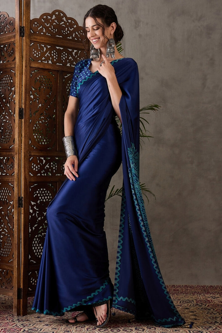 Nile Blue Printed Satin Silk Saree