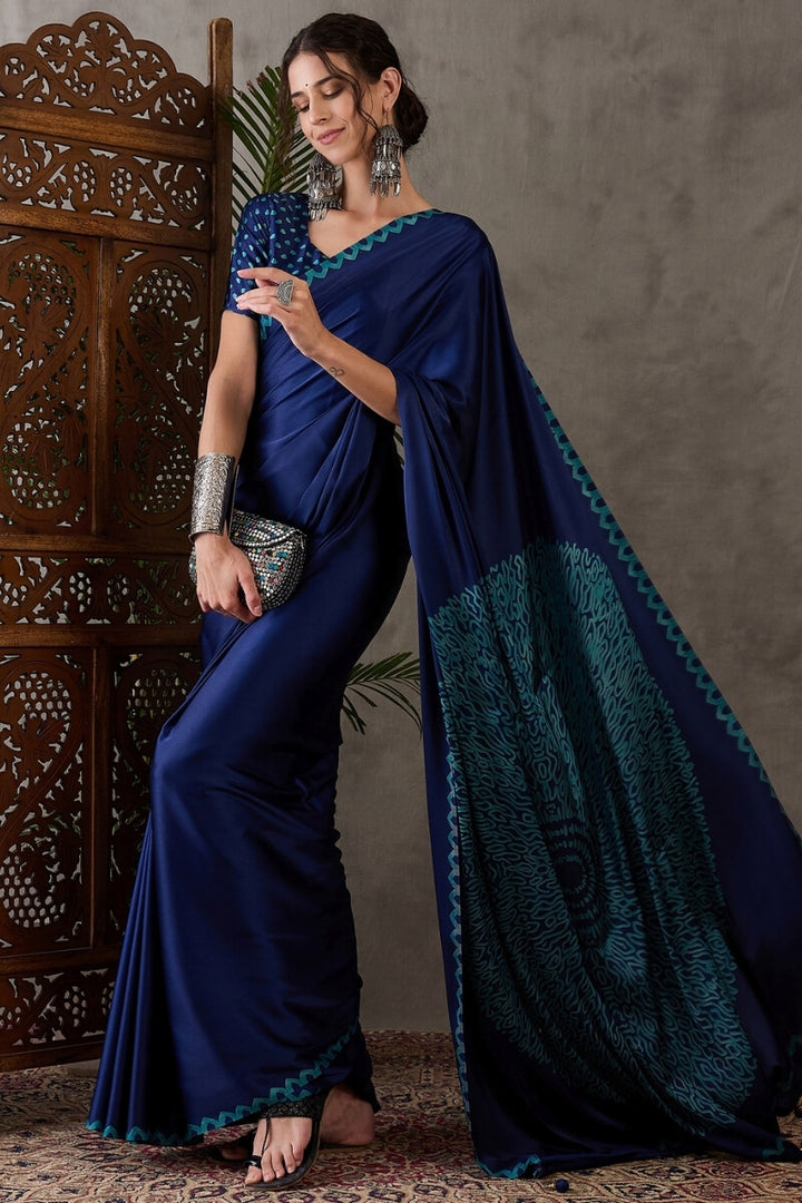 Nile Blue Printed Satin Silk Saree