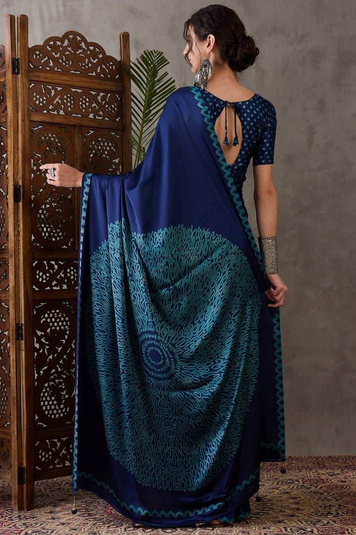 Nile Blue Printed Satin Silk Saree