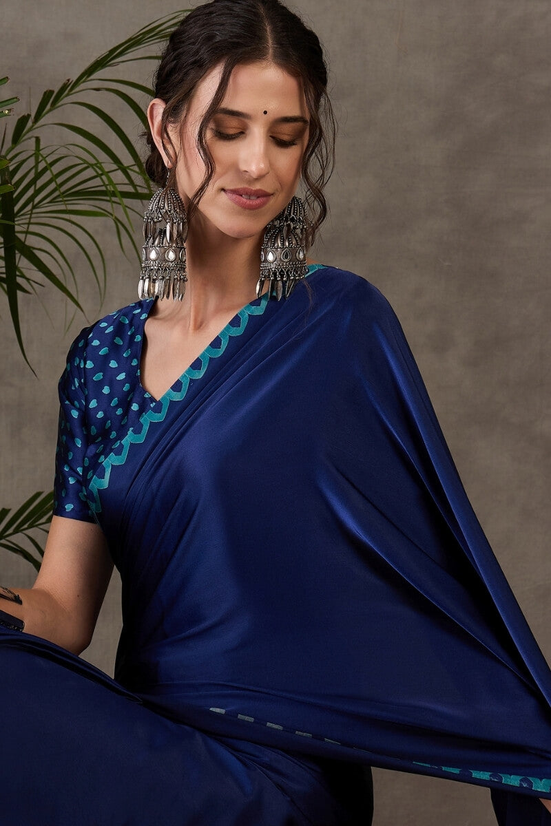 Nile Blue Printed Satin Silk Saree