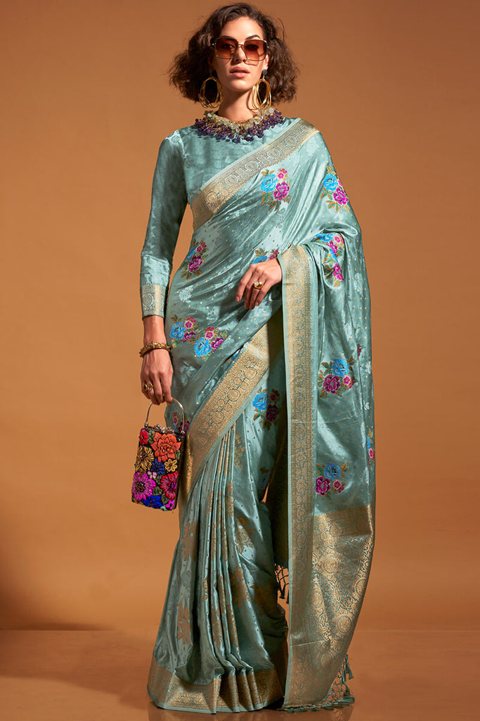 Northern Lights Blue Handloom Woven Satin Silk Saree