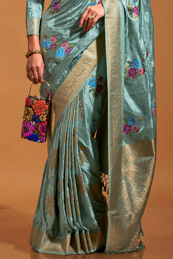 Northern Lights Blue Handloom Woven Satin Silk Saree