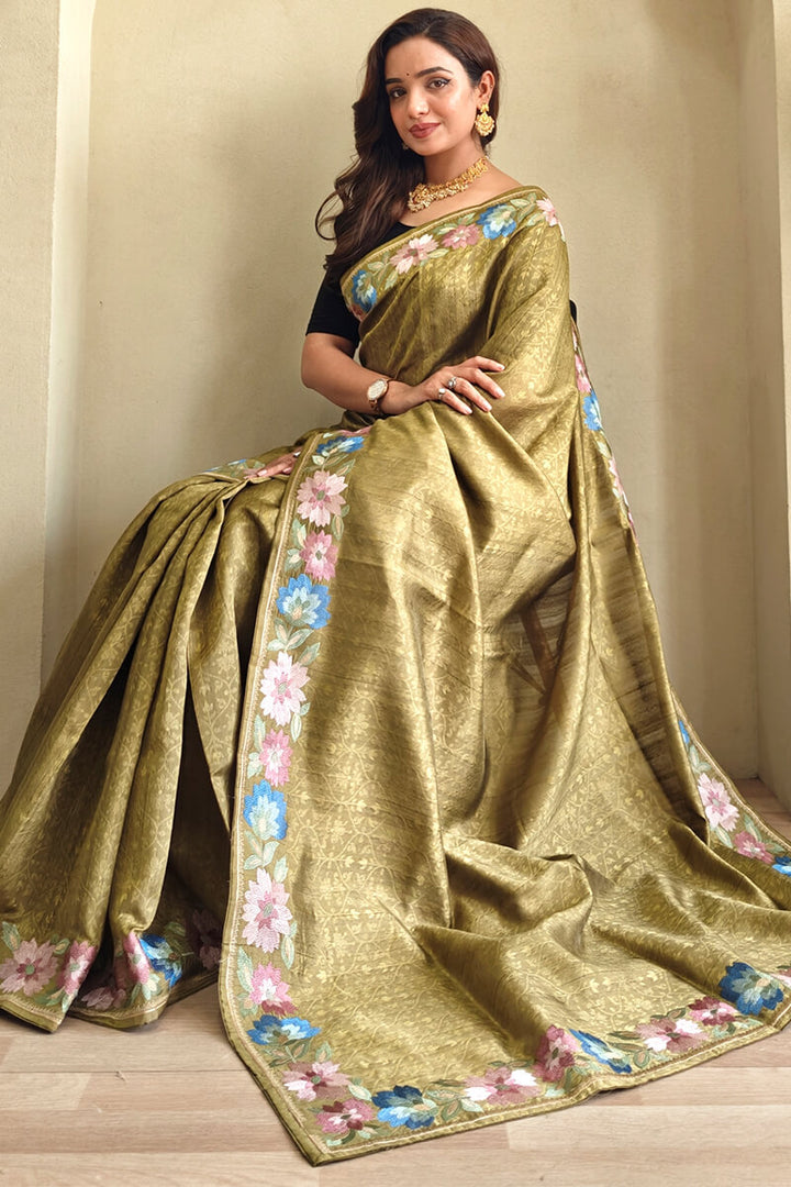 Oak Brown Contrast Color Embroidered Tussar Silk Saree