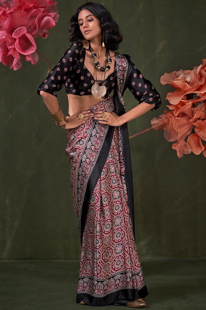 Oak Maroon Ajrakh Printed Satin Silk Saree
