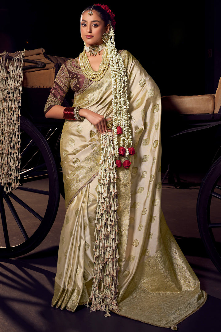 Oasis Beige Pure Satin Based Fancy Silk Saree with Designer Blouse Piece