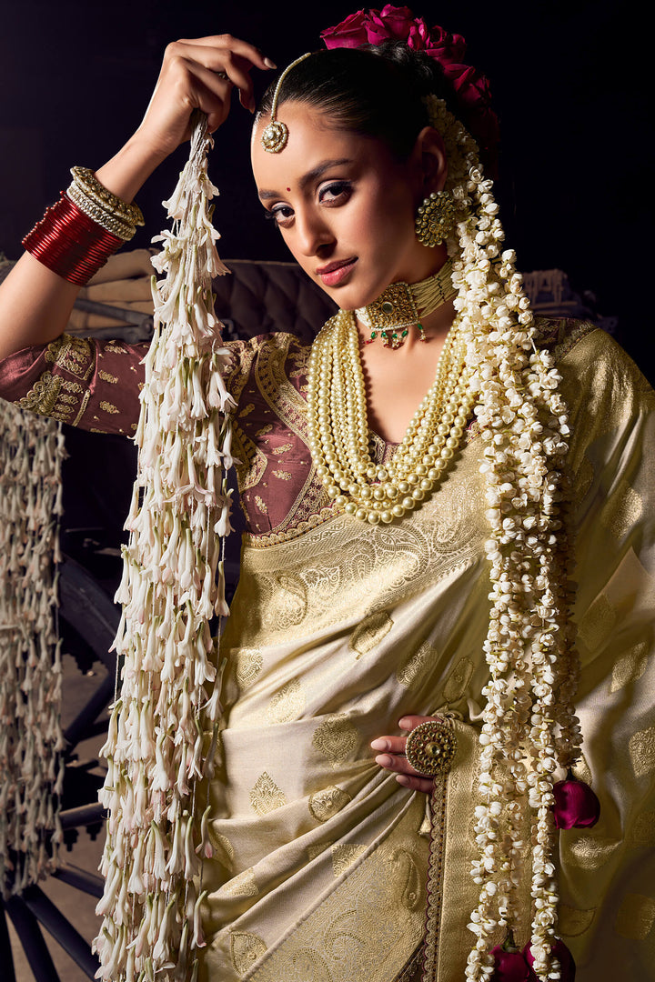 Oasis Beige Pure Satin Based Fancy Silk Saree with Designer Blouse Piece