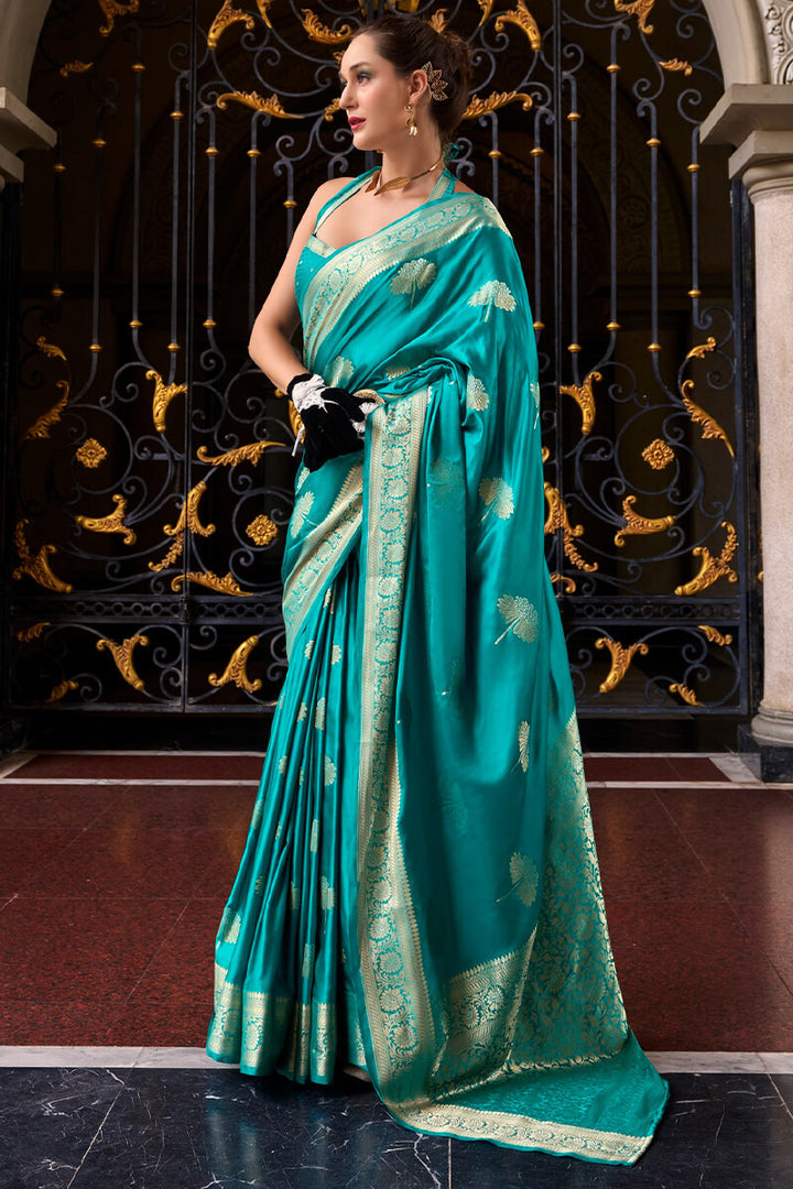 Ocean Blue Zari Woven Banarasi Satin Silk Saree