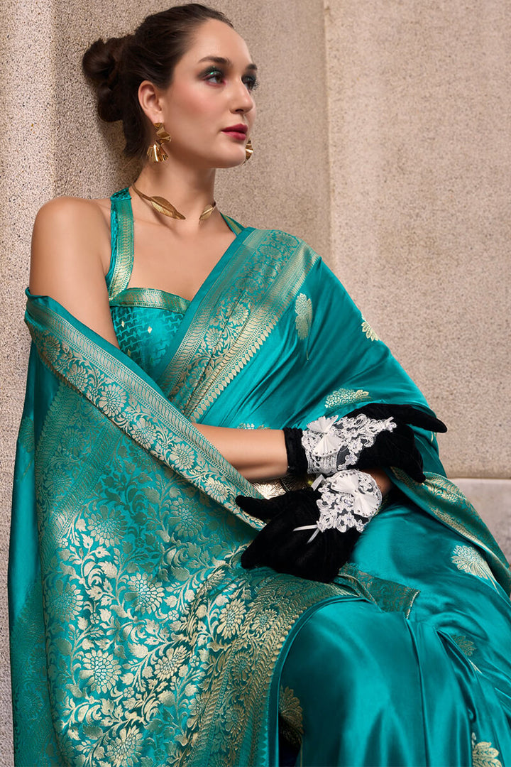 Ocean Blue Zari Woven Banarasi Satin Silk Saree