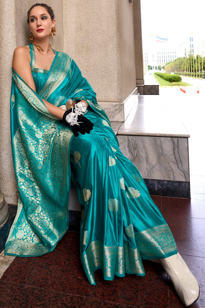 Ocean Blue Zari Woven Banarasi Satin Silk Saree