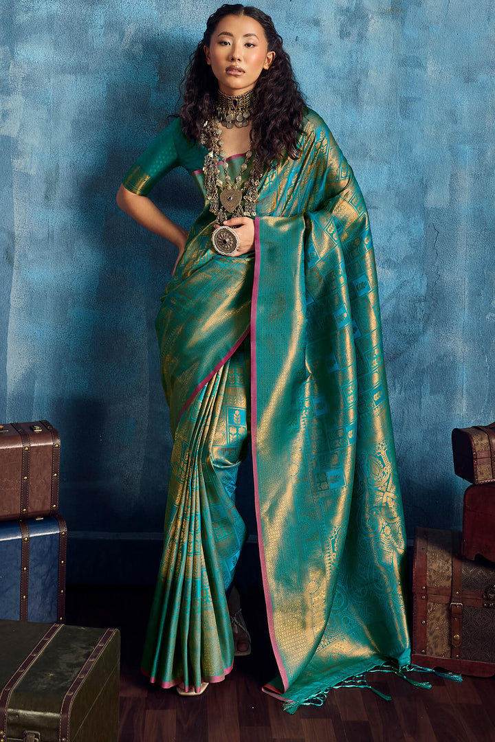 Ocean Blue Zari Woven Kanjivaram Silk Saree