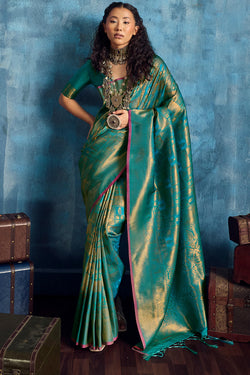Ocean Blue Zari Woven Kanjivaram Silk Saree