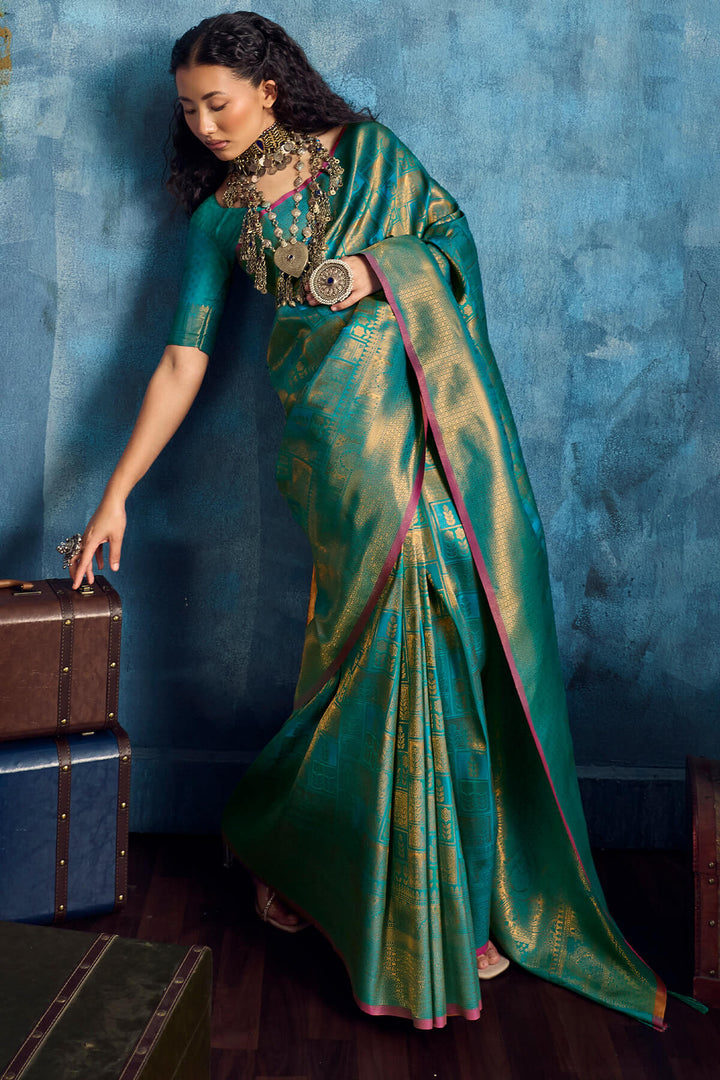 Ocean Blue Zari Woven Kanjivaram Silk Saree