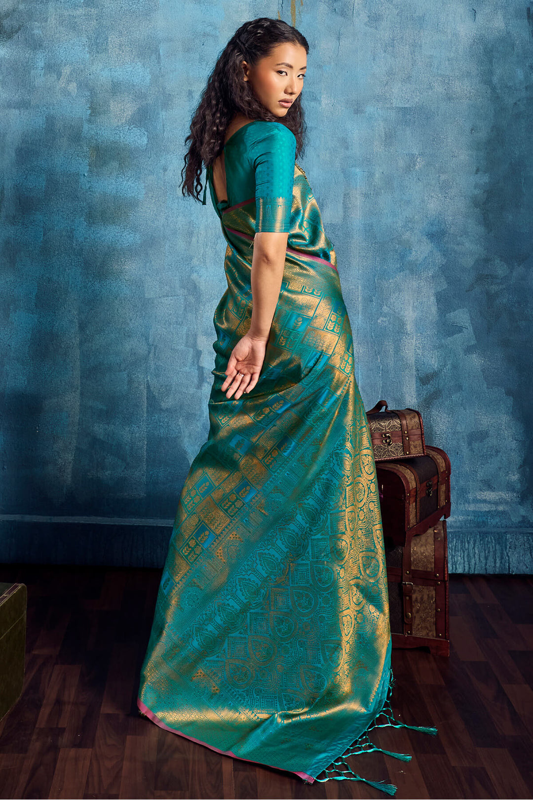 Ocean Blue Zari Woven Kanjivaram Silk Saree