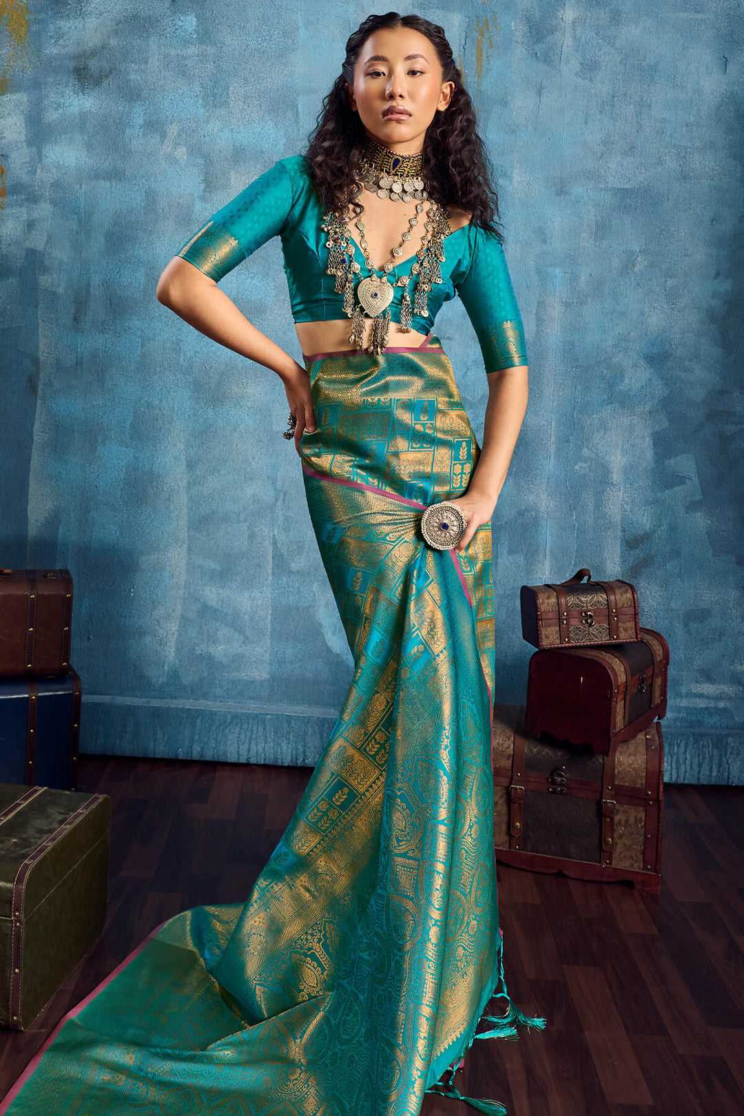 Ocean Blue Zari Woven Kanjivaram Silk Saree