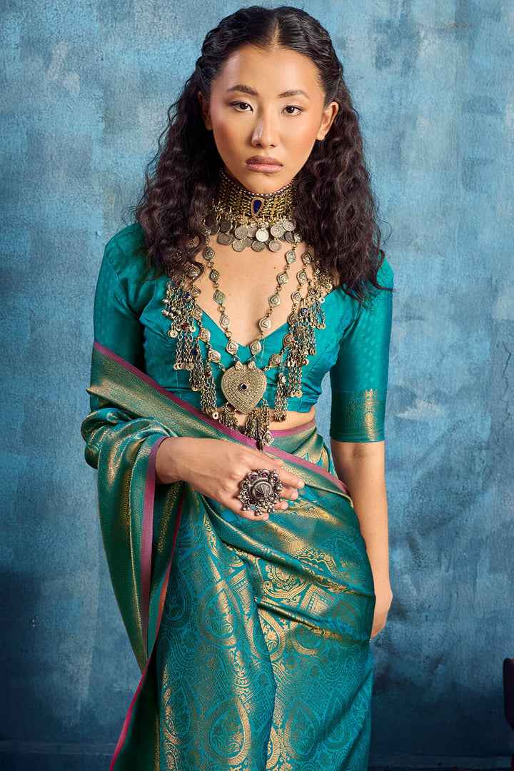 Ocean Blue Zari Woven Kanjivaram Silk Saree