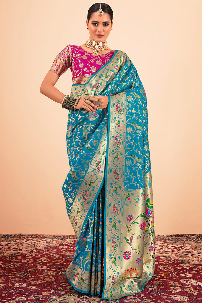 Ocean Blue Zari Woven Paithani Silk Saree