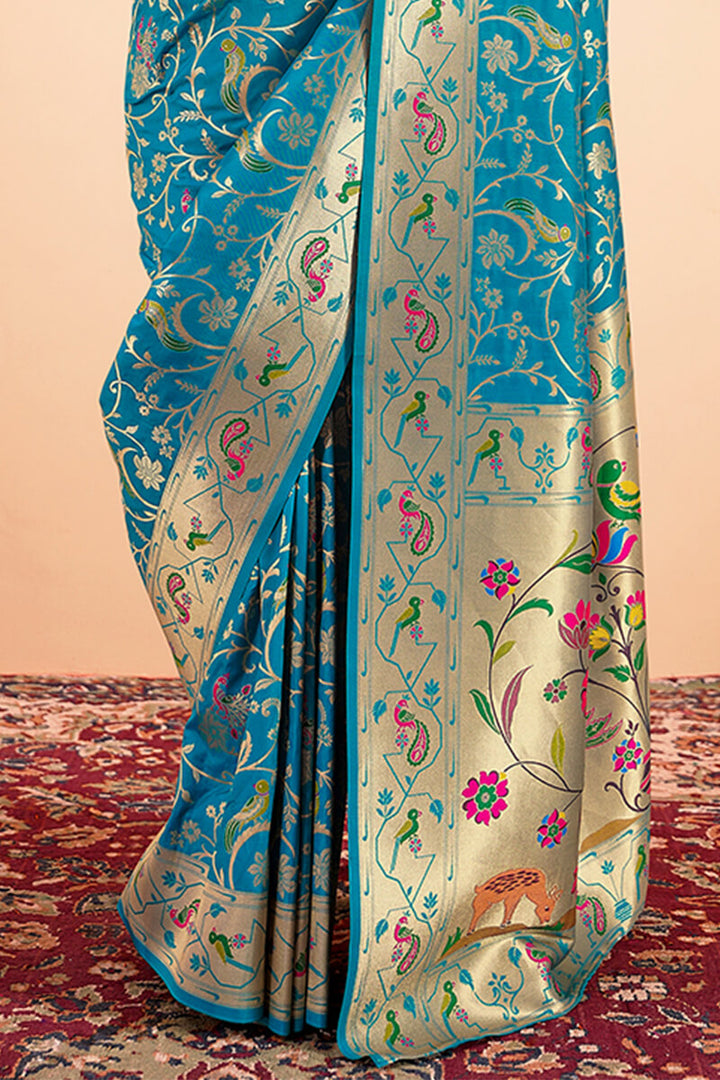 Ocean Blue Zari Woven Paithani Silk Saree