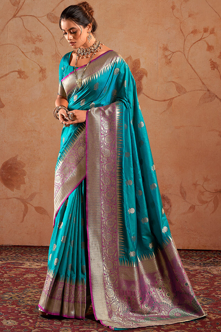 Ocean Blue Zari Woven Soft Banarasi Silk Saree