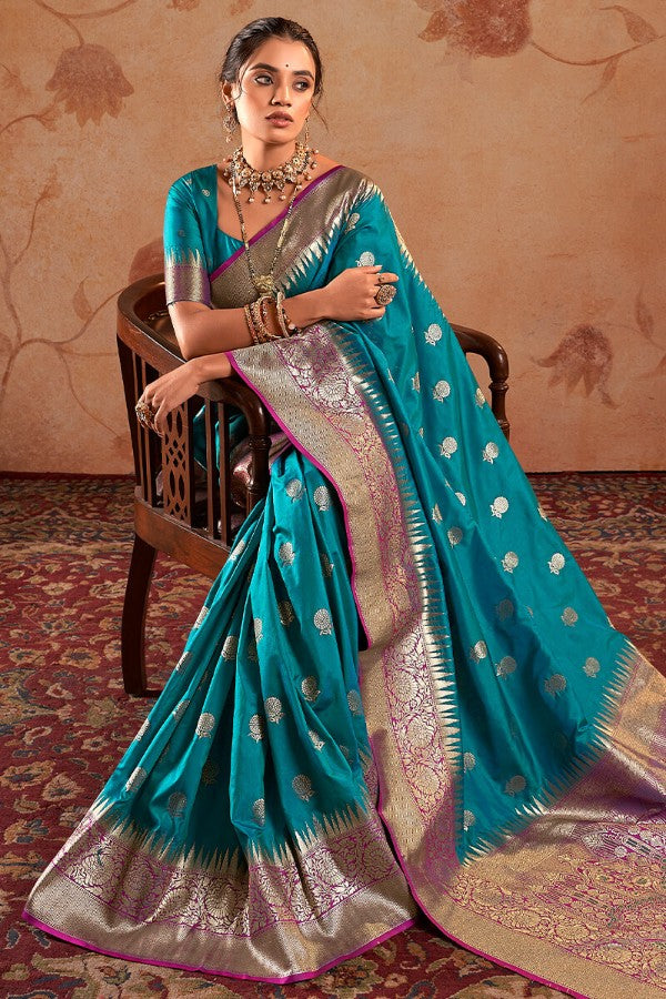 Ocean Blue Zari Woven Soft Banarasi Silk Saree