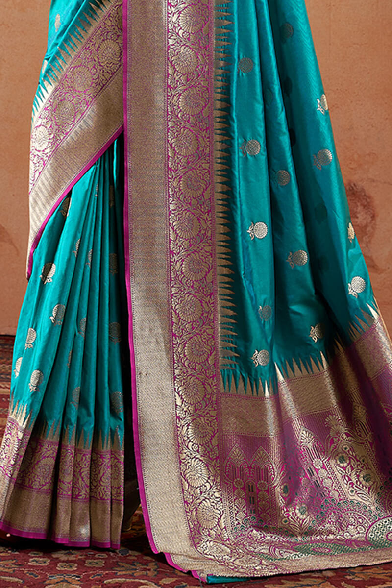 Ocean Blue Zari Woven Soft Banarasi Silk Saree