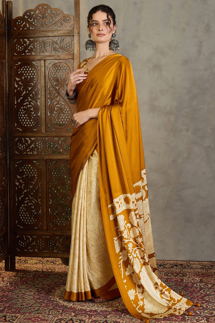 Ochre Yellow Printed Satin Silk Saree