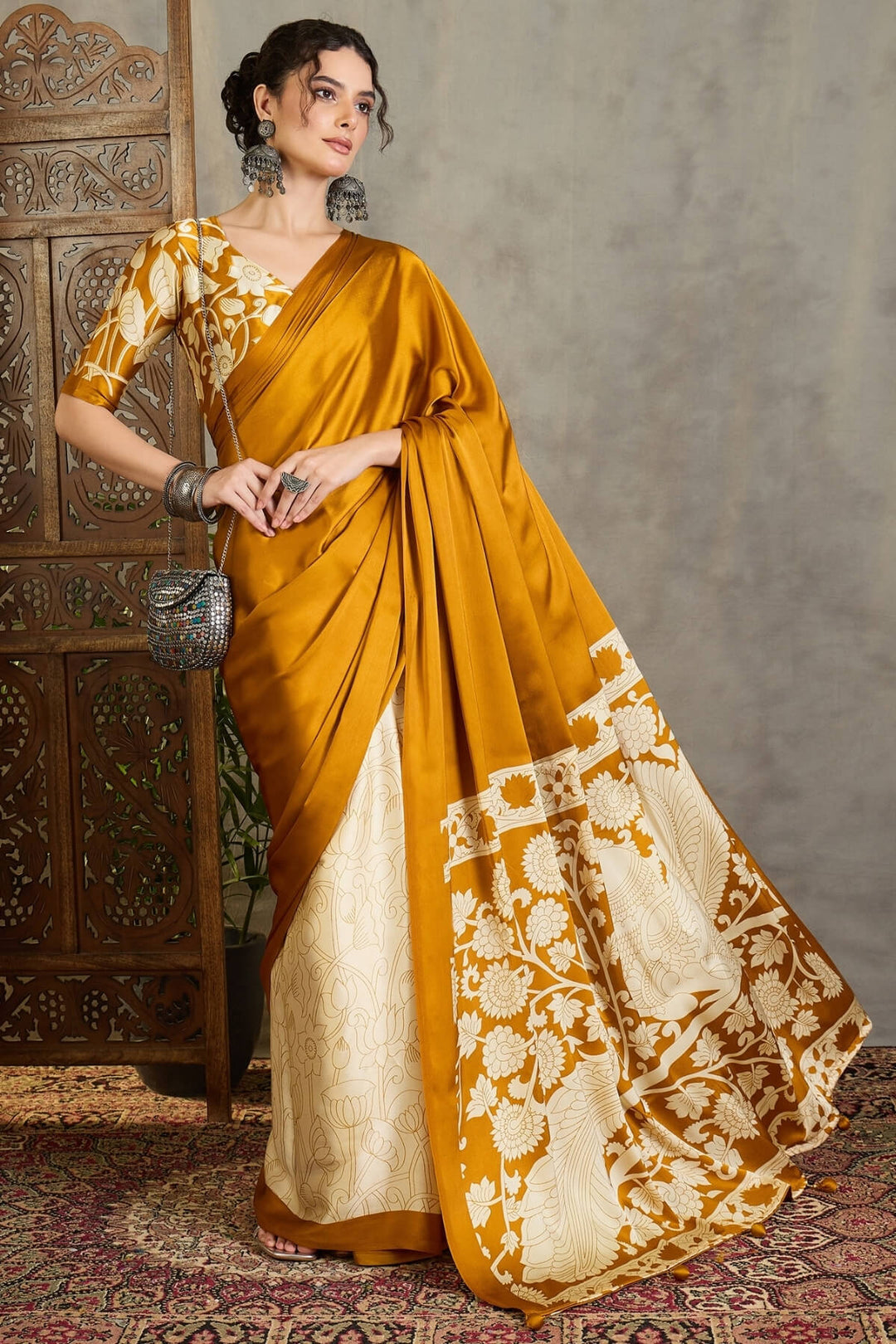Ochre Yellow Printed Satin Silk Saree