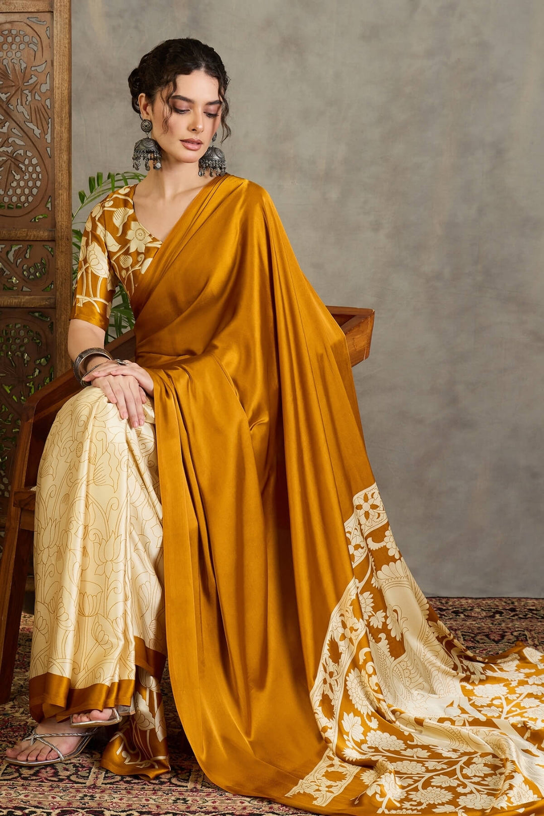 Ochre Yellow Printed Satin Silk Saree
