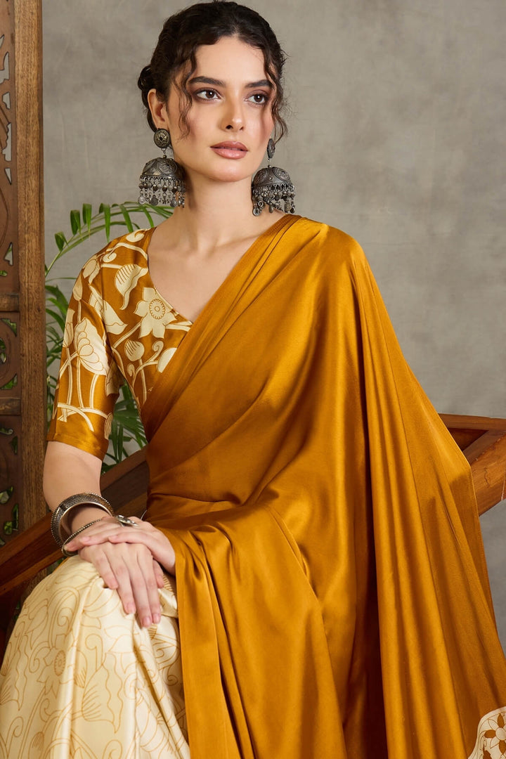 Ochre Yellow Printed Satin Silk Saree