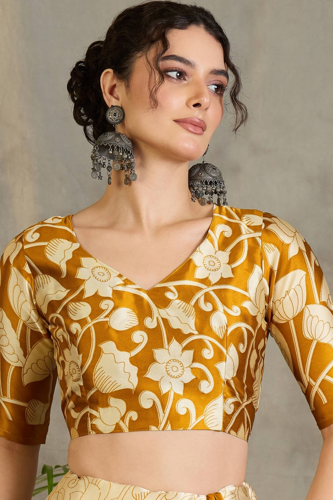 Ochre Yellow Printed Satin Silk Saree