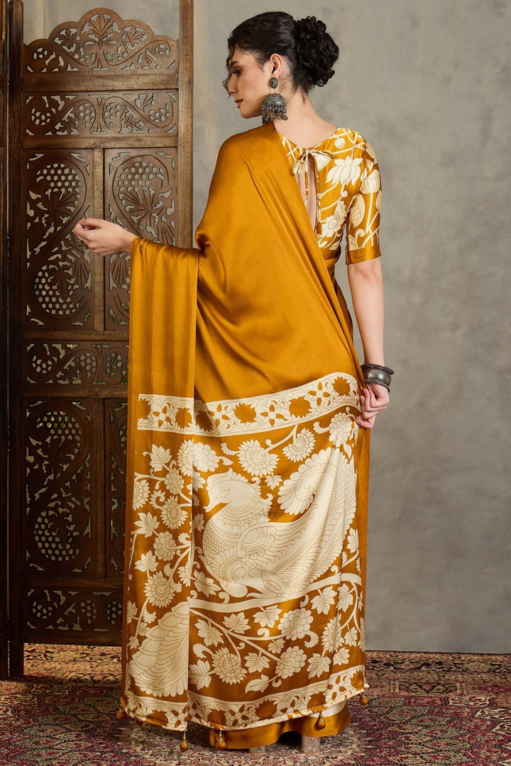 Ochre Yellow Printed Satin Silk Saree