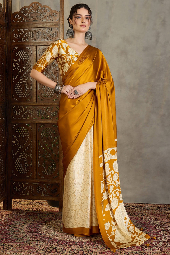 Ochre Yellow Printed Satin Silk Saree