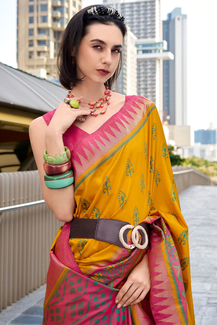 Ochre Yellow Soft Banarasi Silk Saree