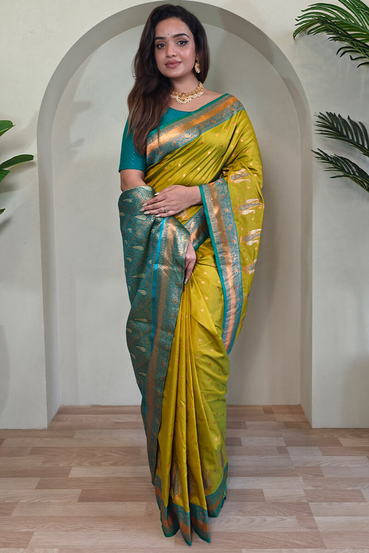 Ochre Yellow Zari Woven Banarasi Soft Silk Saree