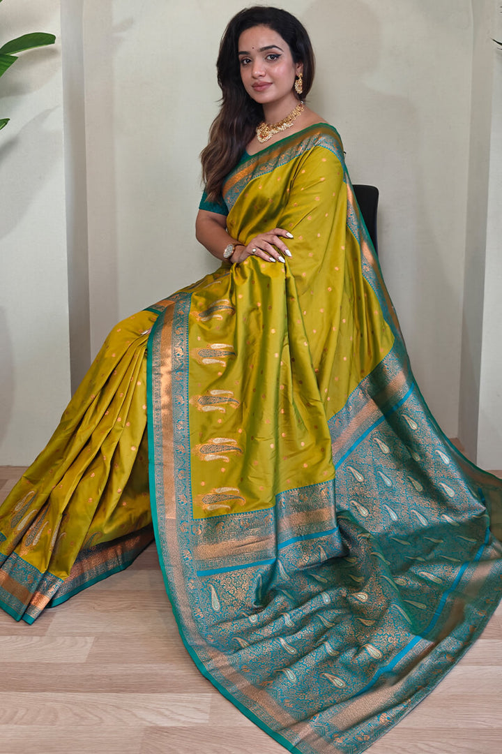 Ochre Yellow Zari Woven Banarasi Soft Silk Saree