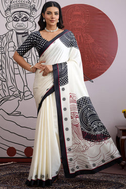 Off White and Black Ajrakh Printed Satin Crepe Silk Saree