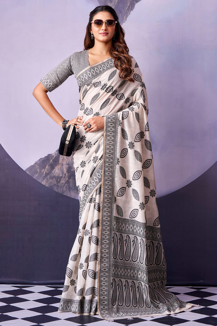 Off White and Black Cotton Silk Saree