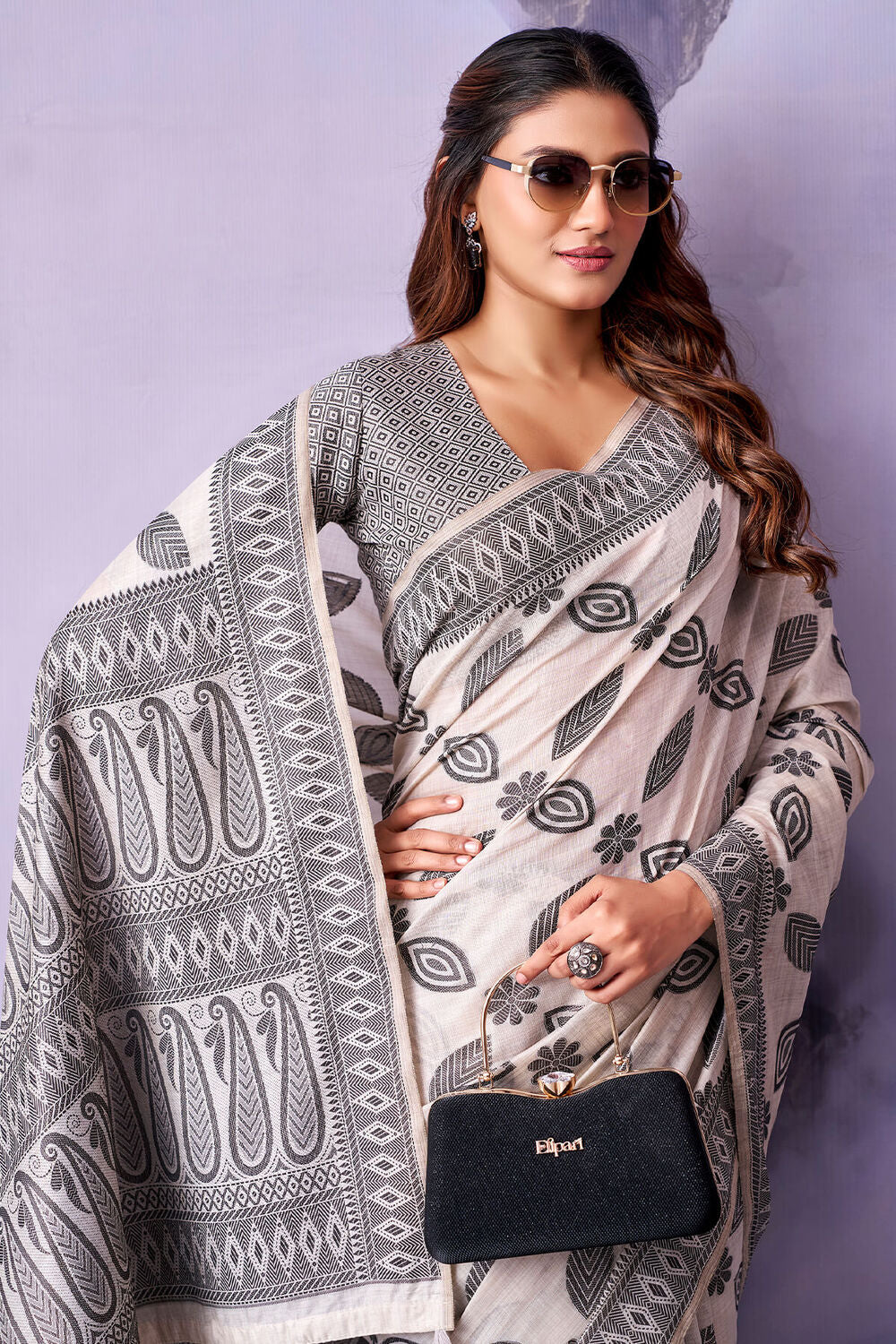 Off White and Black Cotton Silk Saree