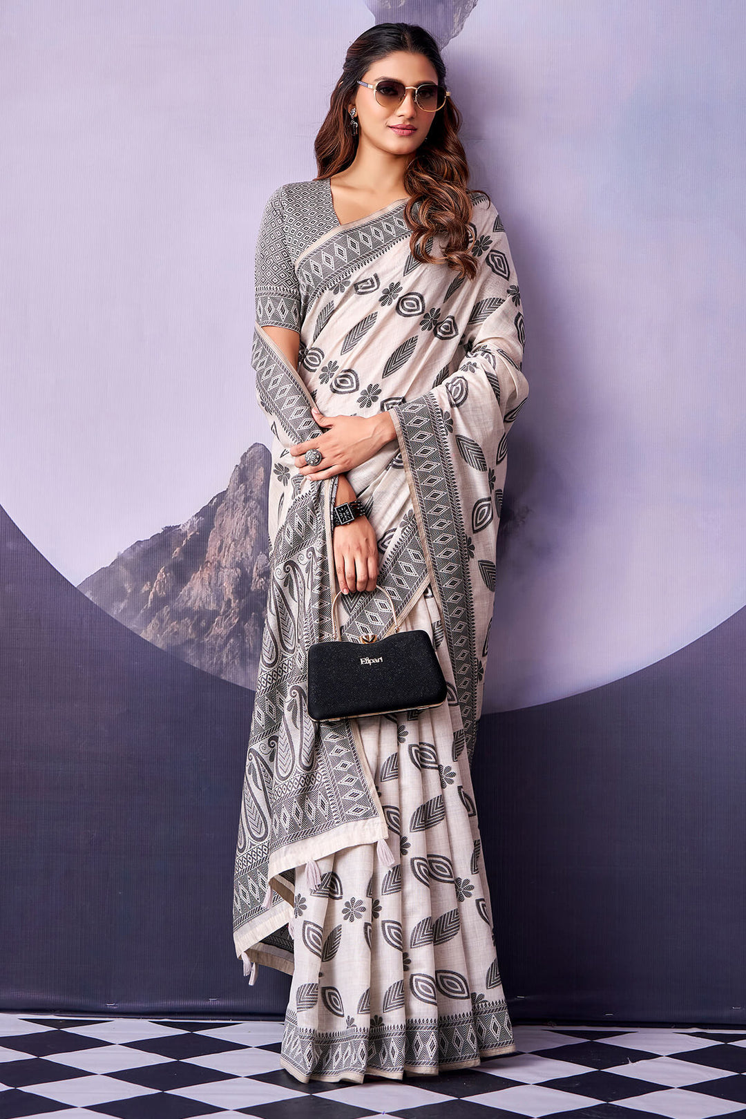 Off White and Black Cotton Silk Saree