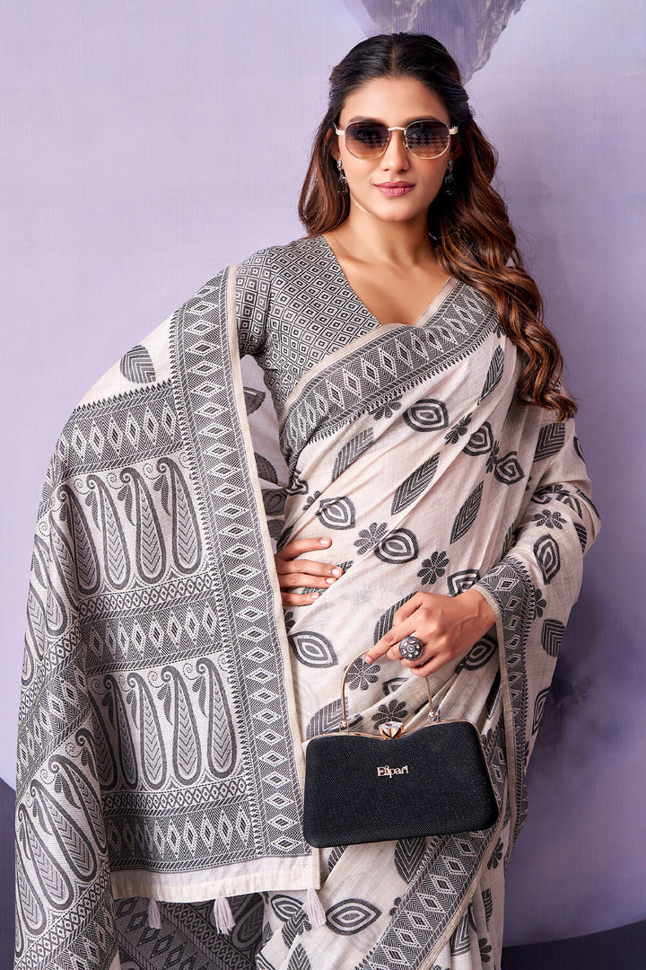 Off White and Black Cotton Silk Saree